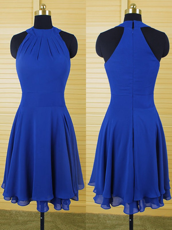 Custom Made Royal Blue High Neckline Chiffon Tiered Knee Length Bridesmaid Dress