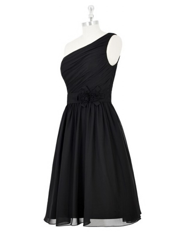 Short Black Chiffon Dress Featuring One Shoulder Ruched Bodice With Floral Embellished Belt