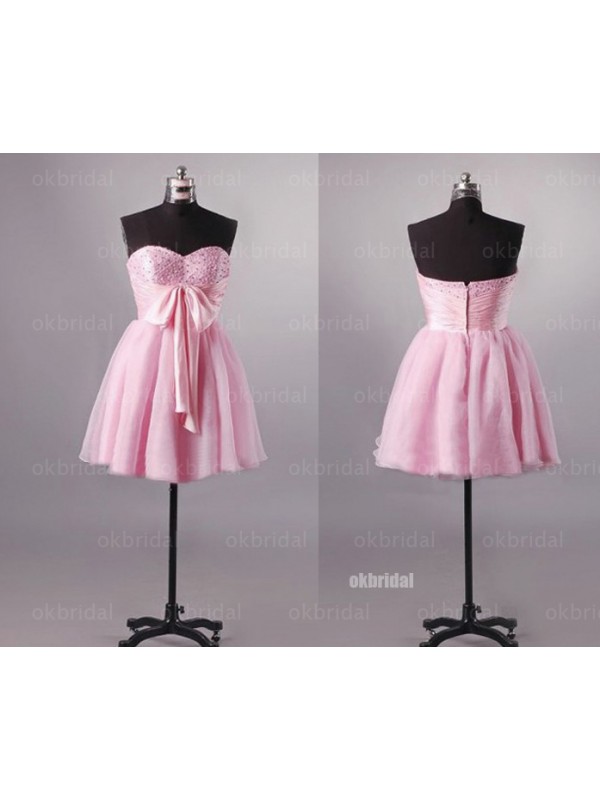 Handmade Cute A-line Short Pink Organza Prom Dress With Bowknot, Short Prom Dresses, Homecoming Dresses, Graduation Dresses