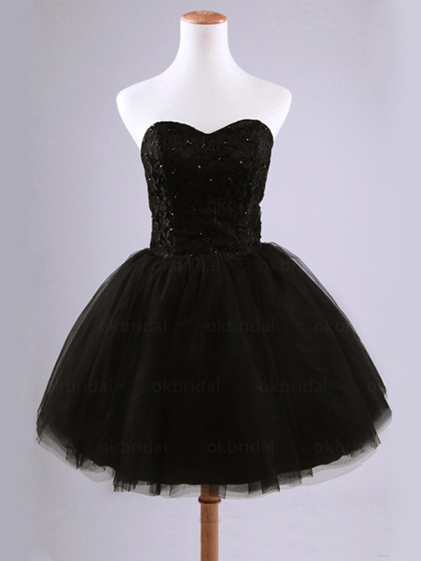 Pretty Lace A-line Short Black Prom Dress, Mini Tulle Prom Dresses, Homecoming Dresses, Graduation Dresses