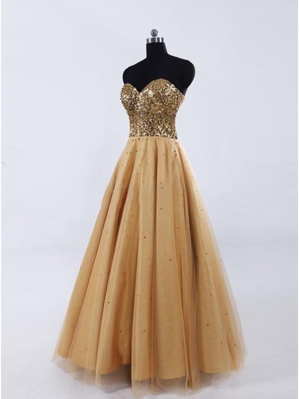 Lovely Gold Tulle Sweetheart Crystal Prom Gown, Prom Gowns 2016, Formal Dresses 2016