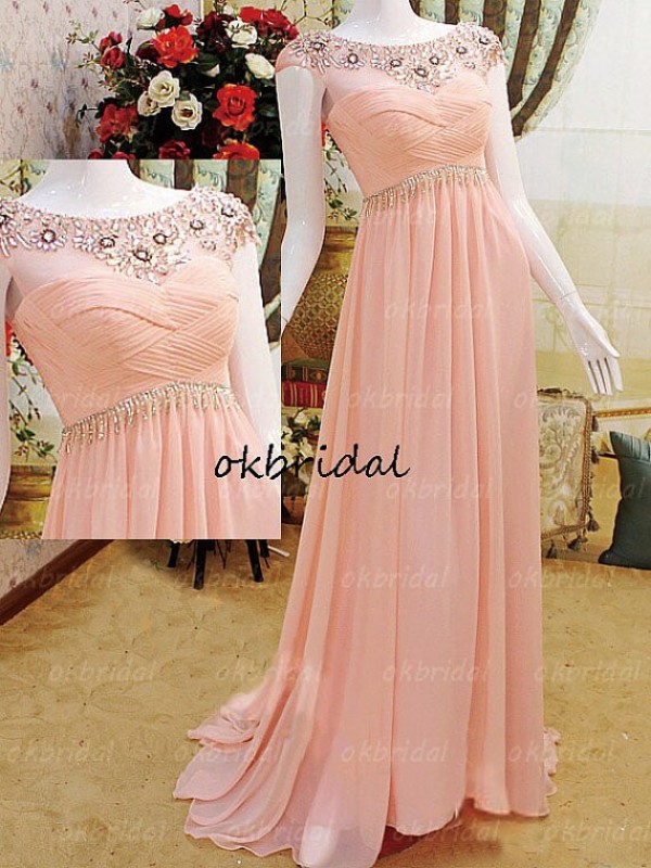 Lovely Pink Chiffon Sheer Neck Prom Gown, Prom Gowns 2016, Formal Dresses 2016