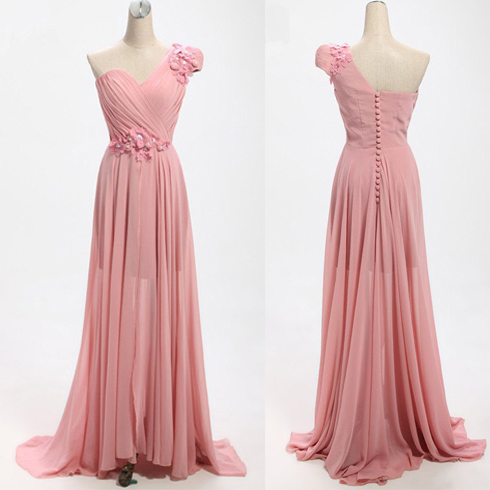 Elegant Chiffon Floor Length One Shoulder Pink Prom Dress , Party Dresses, Evening Dresses, Long Prom Dress 2016,graduation Dresses