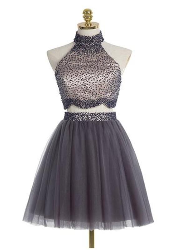 Grey Two-piece Homecoming Dress Featuring Short Tulle A-line Skirt And A Beaded Embellished High Neck Crop Top With Scallop Hem