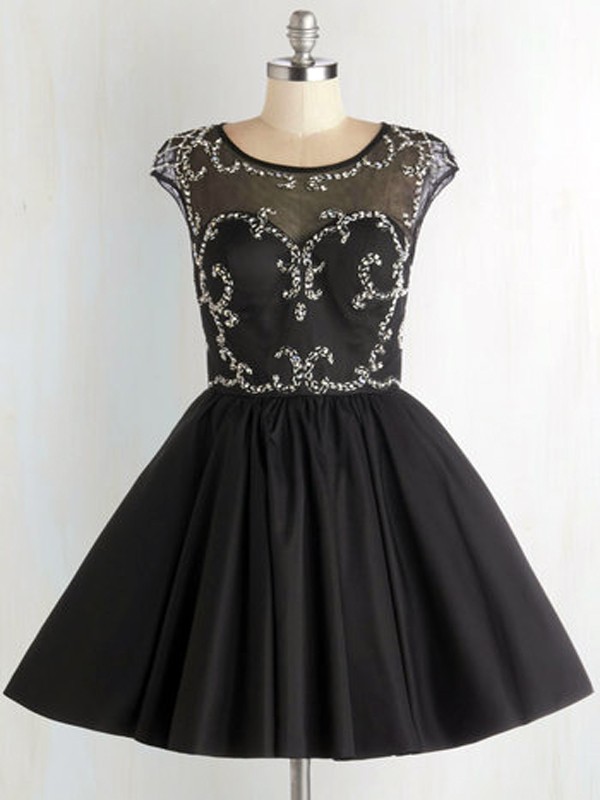 Black Short Homecoming Dress Featuring Beaded Embellished Bateau Neckline And Cap Sleeves Bodice