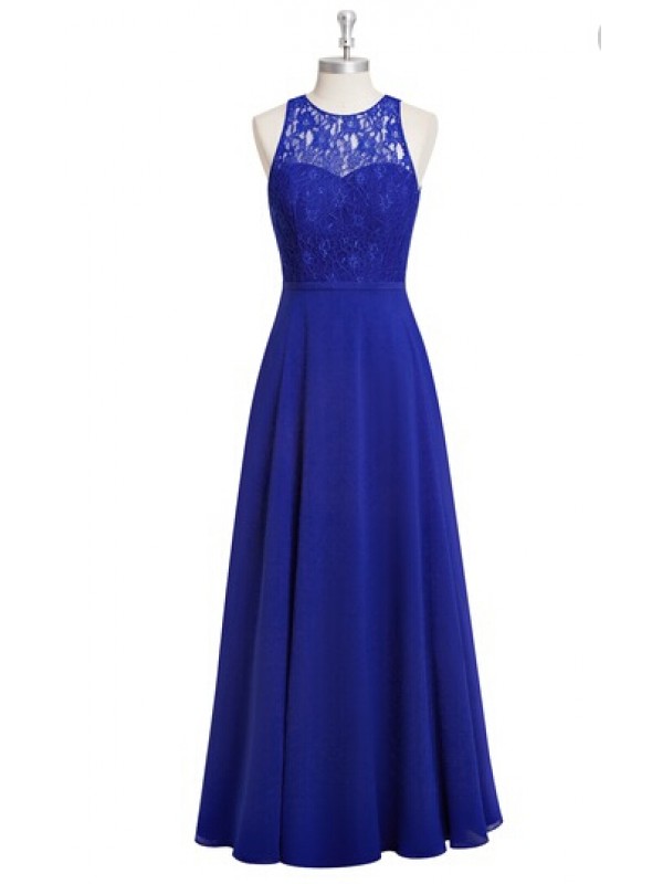 Royal Blue Sleeveless Sheer Lace Appliqués Chiffon A-line Floor-length Prom Dress, Evening Dress Featuring Open Back