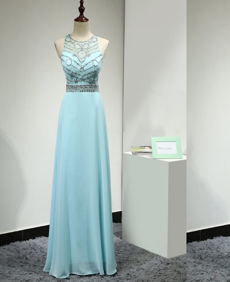 Long Blue Jewel Embellished Sweetheart Illusion Chiffon Dress With Open ...