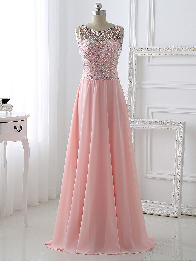 Pretty Chiffon Pink Beaded A Line Prom Gowns, Pink Prom Dresses,a Line Prom Dresses 2016