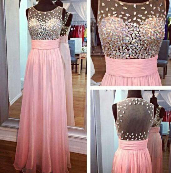 Sexy Chiffon Pink Crystal A Line Prom Gowns, Pink Prom Dresses,A Line Prom Dresses 2016