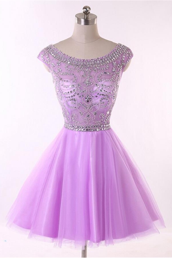 Light Purple Sheer Neck Short Prom Gowns,purple Beaded Embellished ...