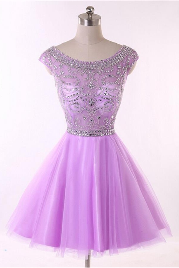 Light Purple Sheer Neck Short Prom Gowns,purple Beaded Embellished