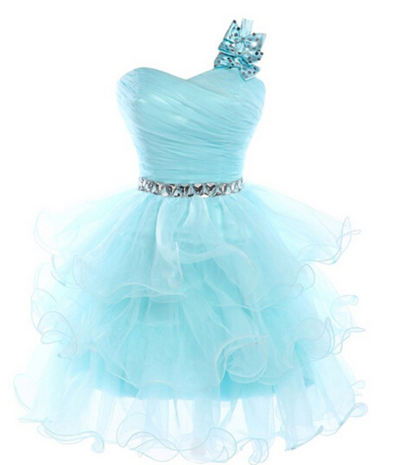 One Shoulder Organza Blue Homecoming Dresses With Bow, Sexy Short Sweetheart Prom Dresses