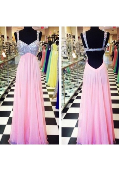 Sexy Pink Beaded Backless Chiffon Prom Dresses,sexy Open Back Evening Gowns