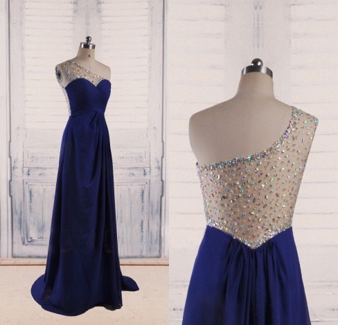 One Shoulder Royal Blue Backless Prom Dresses With Ab Stones,sexy Open Back Chiffon Evening Gowns