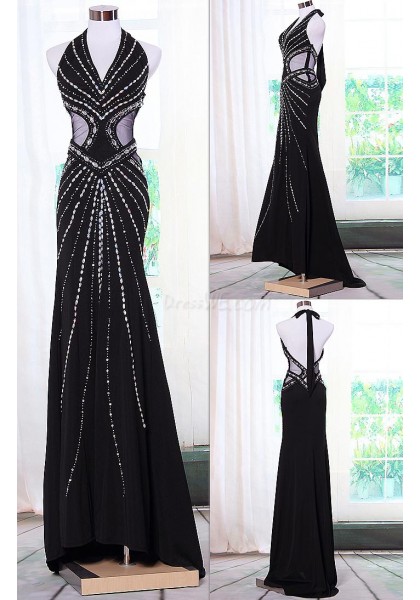 Black Chiffon Halter Prom Dresses With Illusion Waist Ab Stones,sexy Backless Formal Gowns 2016
