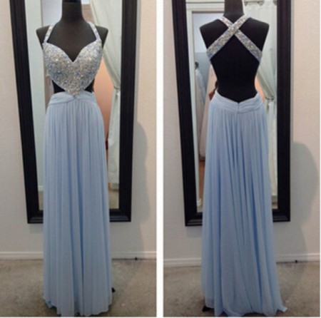 Sexy Blue Prom Dresses Beaded Backless Chiffon Evening Gowns