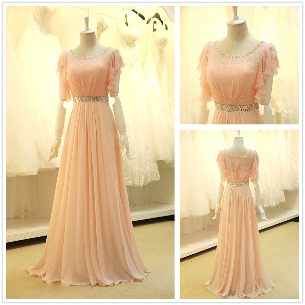2016 Pink Illusion Neck Cap Sleeve Prom Dresses With Lace Bodice ,2016 Long Elegant Sheer Neck Evening Gowns