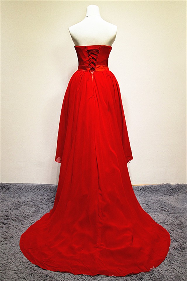Fashion Sweetheart High Low Red Chiffon Prom Dresses With Court Train ...