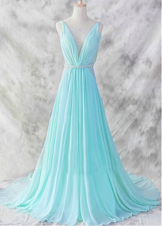 Deep V Neck Blue Chiffon Prom Dresses With Beaded Sheer Neckline,2016 Floor Length Chiffon Evening Gowns