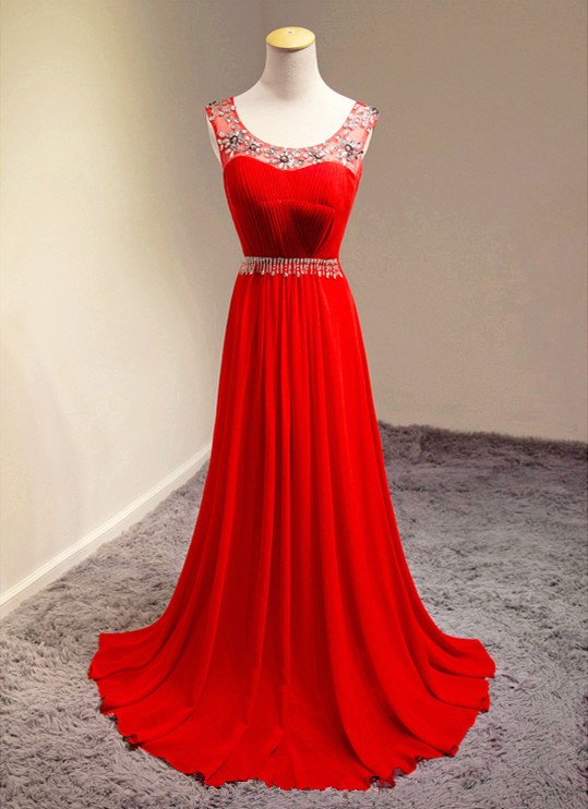 Red Beaded Illusion Neckline Chiffon Prom Dresses With Ruched Bodice ,2016 Floor Length Chiffon Evening Gowns