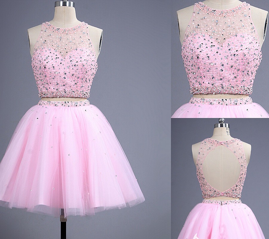 Sexy Backless Two Piece Pink Beaded Embellished Illusion Jewel Neck Homecoming Dress