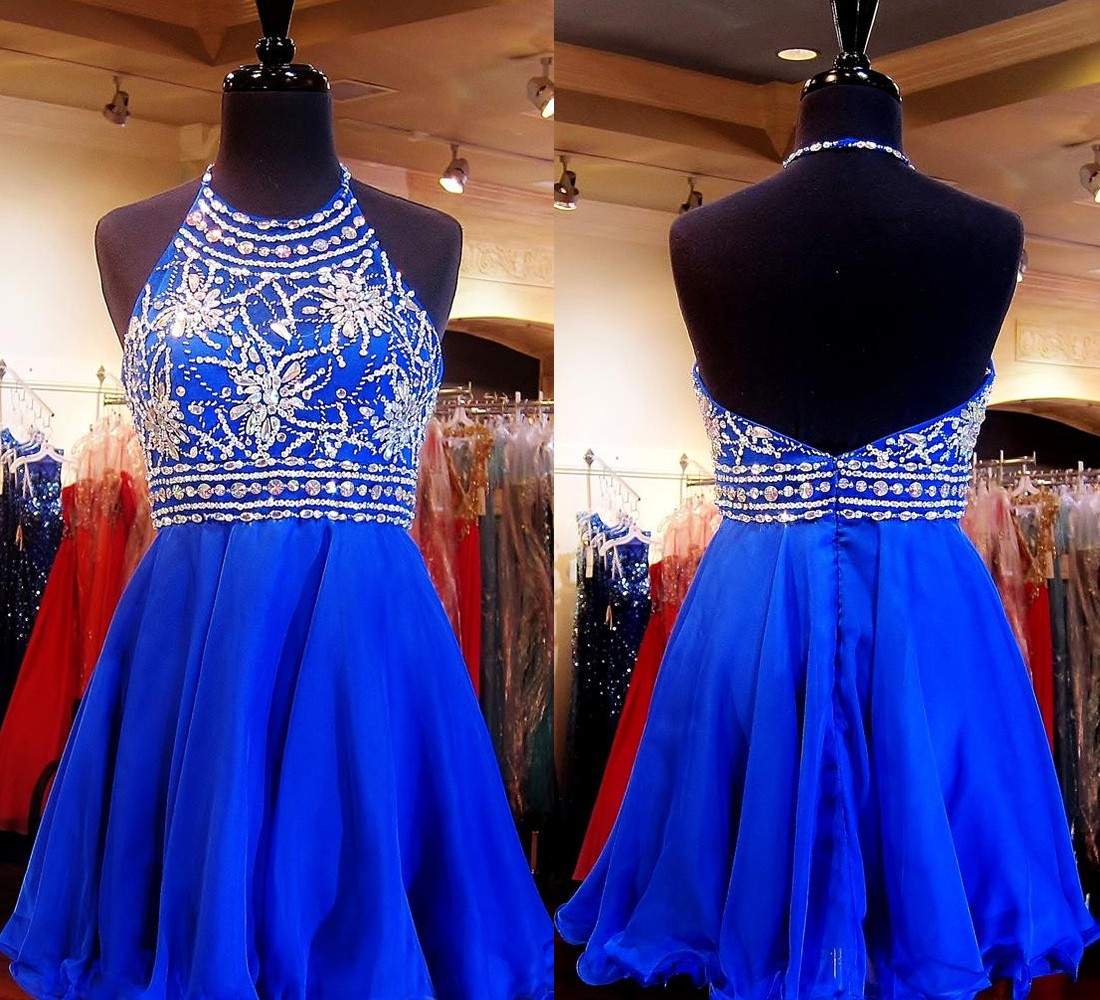 Royal Blue Halter Chiffon Homecoming Dresses With Beaded Bodice And AB