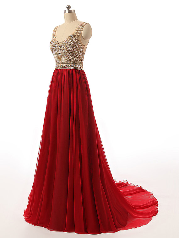 Elegant V Neck Red Beaded Bridesmaid Dresses, Beautiful Floor Length Backless Chiffon Prom Dresses, Wedding Party Dresses,formal Gowns