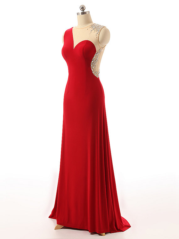 Red Chiffon Prom Dresses Illusion Jewel Neckline Crystal Sheer Beck Formal Dresses Sexy Beaded Evening Gowns