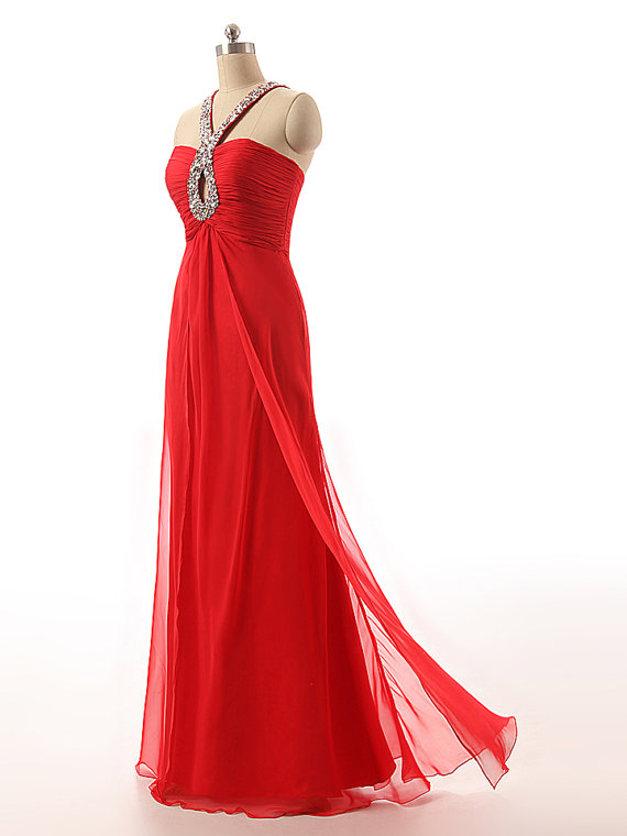 Sexy Red Keyhole Prom Dresses Beaded Sequined Halter Neck Formal