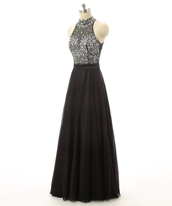 Black Rhinestones Embellished High Halter Neckline Long Chiffon Formal Dress With Open Back Detailing