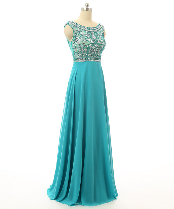 Fashion Blue Rhinestones Sheer Scoop Neck Prom Dresses, Sexy Floor Length Chiffon Beaded Evening Gowns, Long Formal Dresses