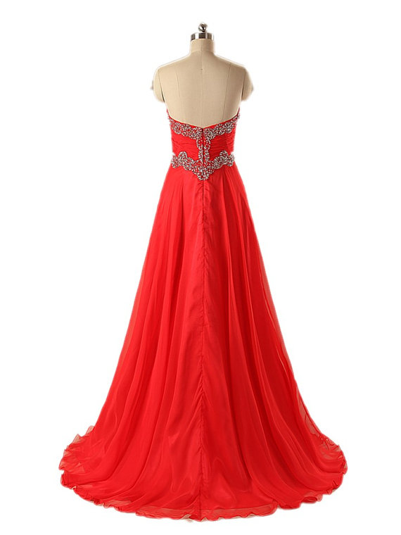 Strapess Red Prom Dresses Long Chiffon Sweetheart Beaded Evening Gowns