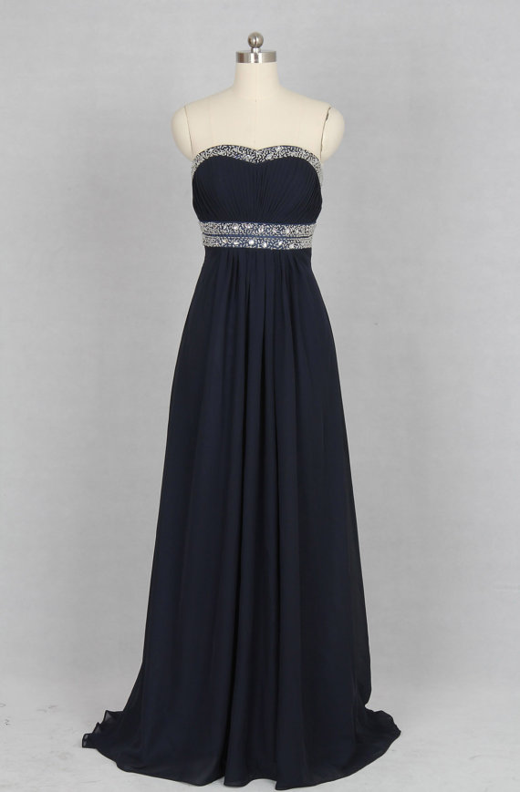 Long Chiffon Sweetheart Navy Blue Prom Dresses Sexy Strapless Beaded Backless Evening Gowns - Formal Dresses, Party Dresses