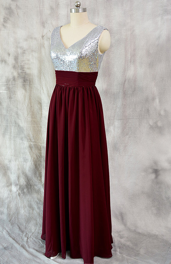 Luxury Sparkly Sequined V Neck Chiffon Burgundy Formal Dresses - Evening Gowns, Prom Dresses
