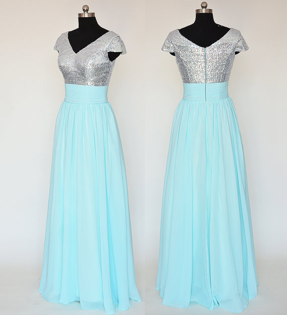 Light Blue V Neck Sequined Prom Dresses , Cap Sleeve Chiffon A Line Evening Gowns - Formal Gowns, Party Dresses