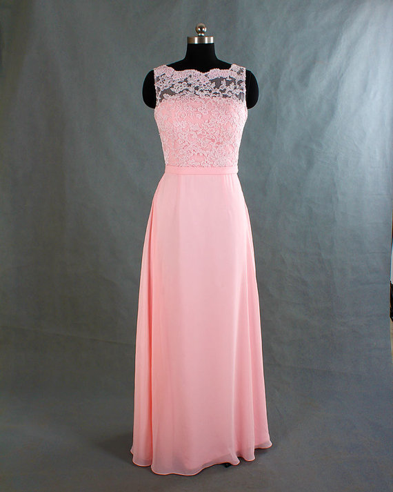 Scoop Neckline, Beaded See Through Backless Long A-line Pale Pink Chiffon Prom Dresses, PD0562