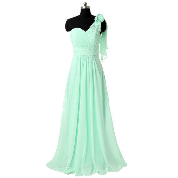 Elegant One Shoulder Mint Green Evening Dresses, A Line Chiffon Prom Gowns - Formal Gowns, Party Dresses