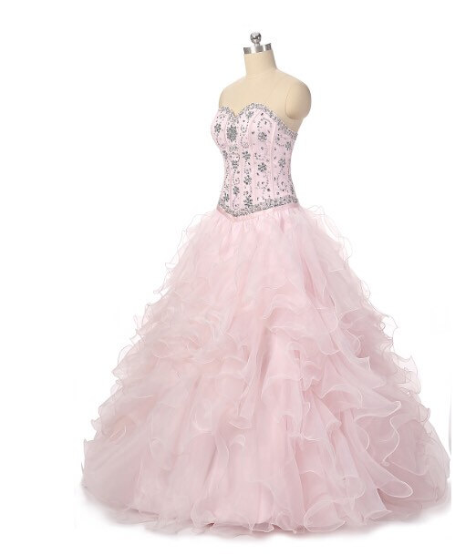 Pink Floor Length Ruffle Organza Quinceanera Gown Featuring Sweetheart Beaded Bodice