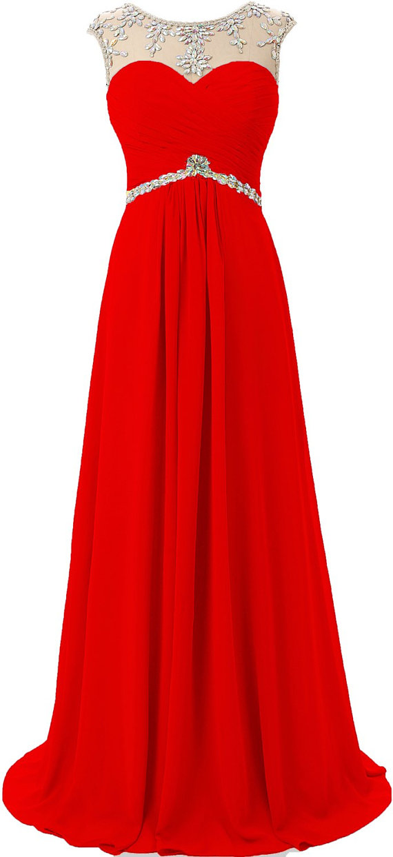 Red Prom Dresses, Sheer Neck Illusion Neck Prom Gowns,sexy Backless Chiffon Prom Dresses,custom Made Prom Dress,long Elegant Prom Dresses,2016