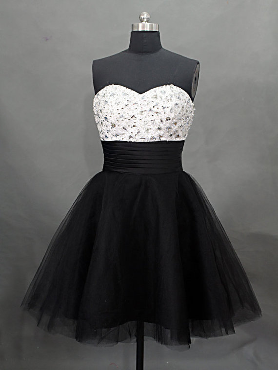 Little Black Dresses, Sweetheart Crystal Black Tulle Homecoming Dresses, Black Short Prom Dresses,dress For Party