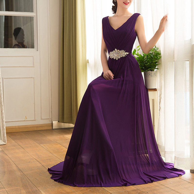 Fashion Elegant Grape Purple Evening Dresses A Line V Neck Chiffon Prom Gowns, Formal Gowns Party Dresses
