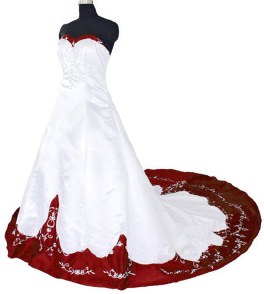 Vintage White And Burgundy Wedding Dresses Floor Length Satin Embroidered Sweetheart Strapless Chapel Train Bridal Dresses
