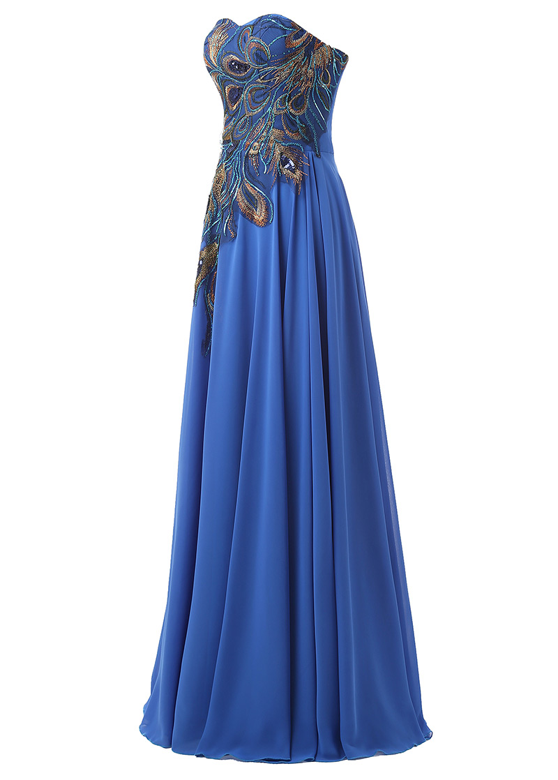 Blue Long Chiffon A-line Prom Gown Featuring Sweetheart Bodice With Peacock Feather Embroidery