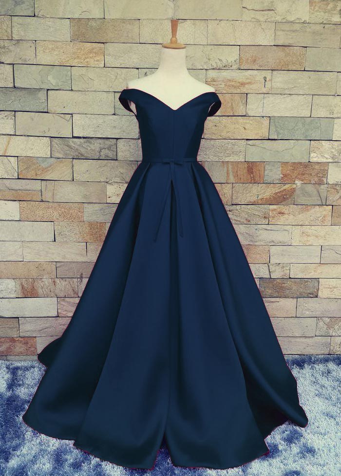 Charming Dark Navy Blue A Line Prom Dresses Satin Off The Shoulder Evening Gowns With Belt And Pleat