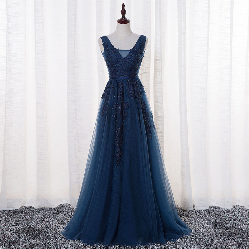 Sexy Dark Navy Backless Lace Appliques Tulle Prom Dresses With Illusion V Neck