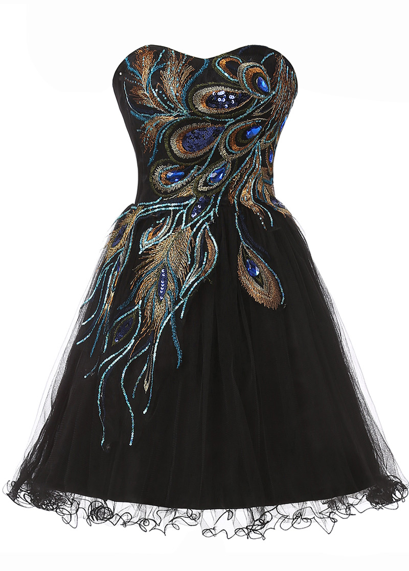 Black Short Tulle Homecoming Dress Featuring Sweetheart Bodice With Peacock Feather Embroidery And Lace-up Back