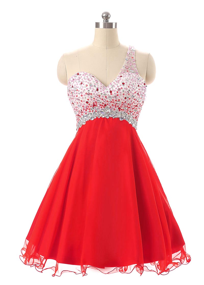 One Shoulder Red Homecoming Dresses,short Beaded Cross Back Cocktail Dressses, Unique Short Prom Dresses