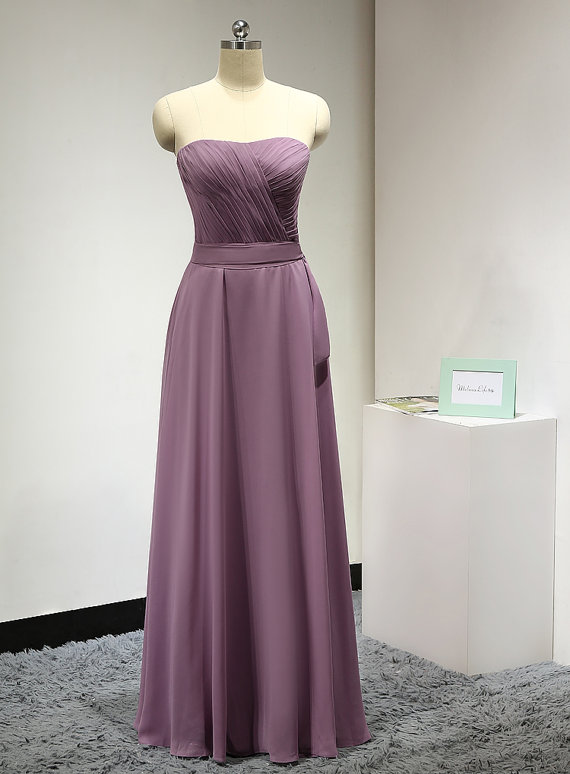 Purple Long A-Line Chiffon Bridesmaid Dress Featuring Ruched Sweetheart Bodice 
