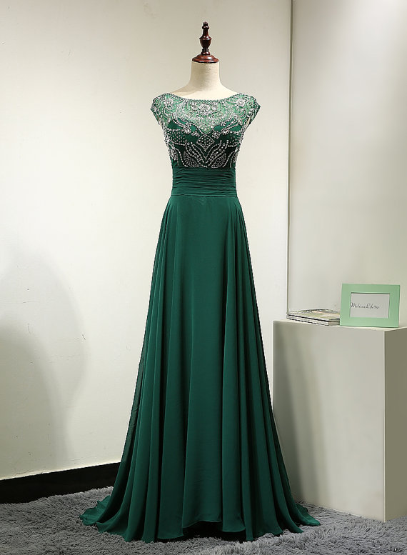 Sheer Crystal Beaded A-line Chiffon Long Prom Dress, Evening Dress Featuring V Back