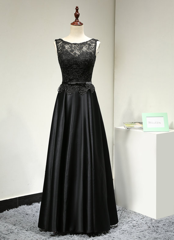 Elegant Satin Floor Length Scoop Black Lace Up Back Prom Dress , Party ...
